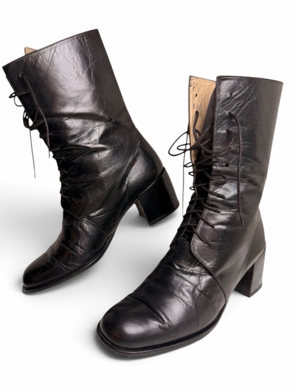 Pied A Terre Vintage Black Leather Lace Up Block Heel Boots 39.5